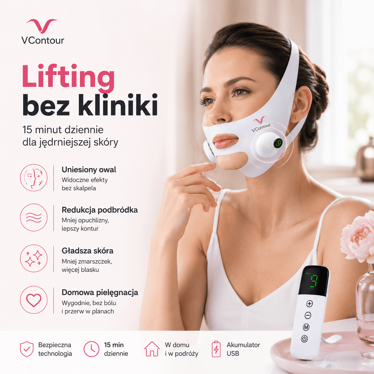 VContour - Inteligentna Maska Liftingująca EMS na Drugi Podbródek i Owal Twarzy