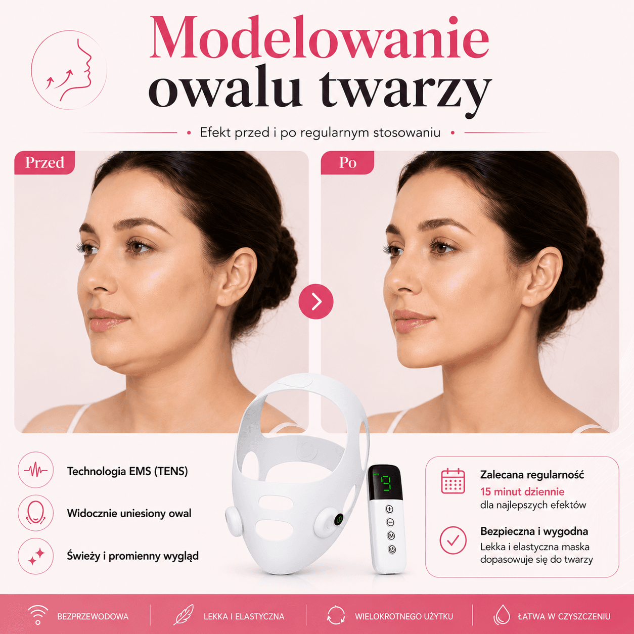 VContour - Inteligentna Maska Liftingująca EMS na Drugi Podbródek i Owal Twarzy